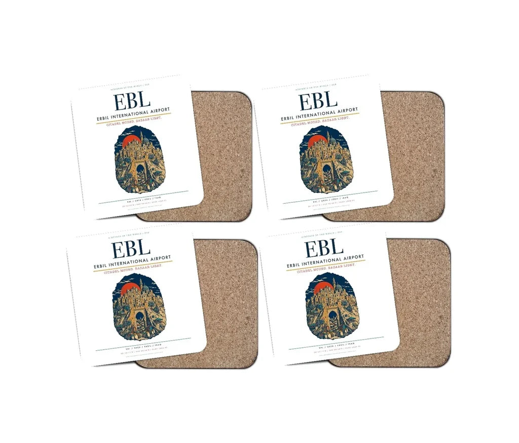 Erbil International Airport (EBL) design on white 4 pieces set coaster