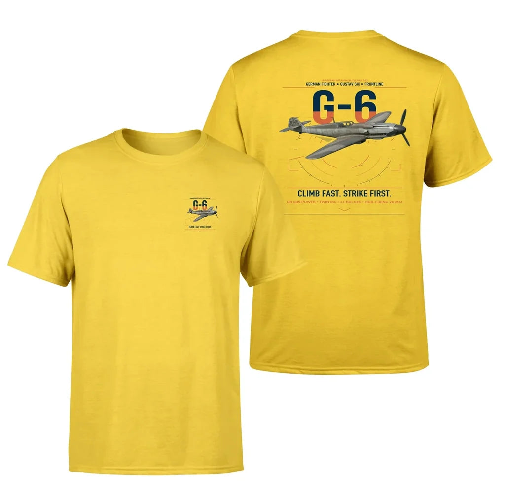 Messerschmitt Bf 109G-6 design on yellow t-shirt, double-side print