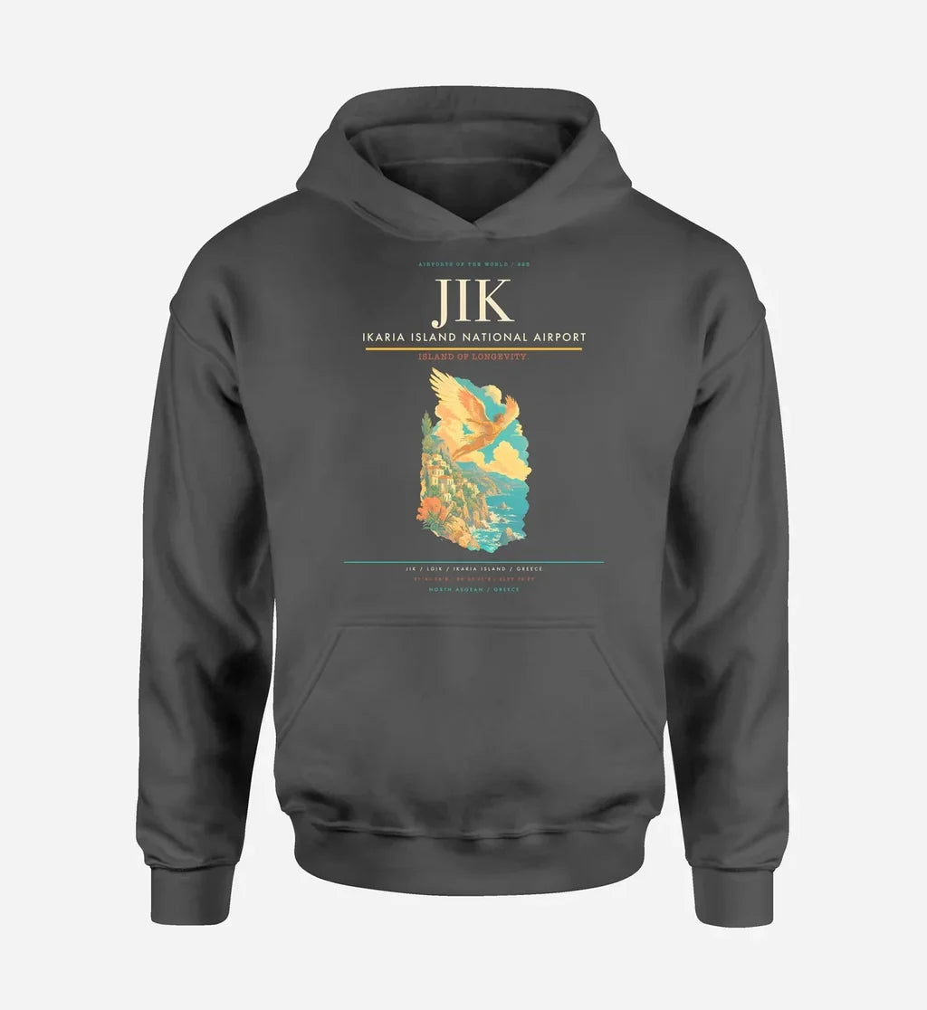 Ikaria Island National Airport (JIK) design on dark gray hoodie single-side print