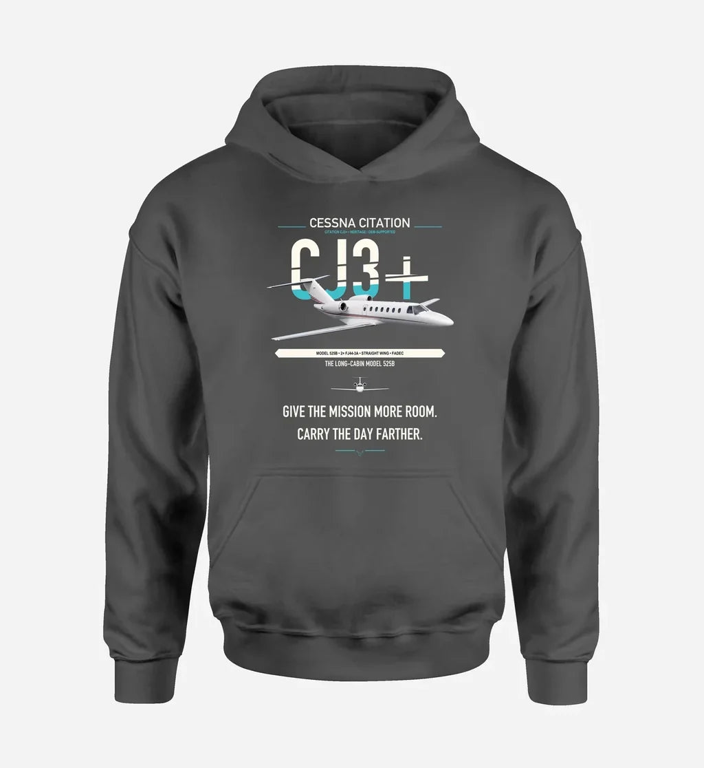 Cessna Citation CJ3+ design on dark gray double-side hoodie, single-side print