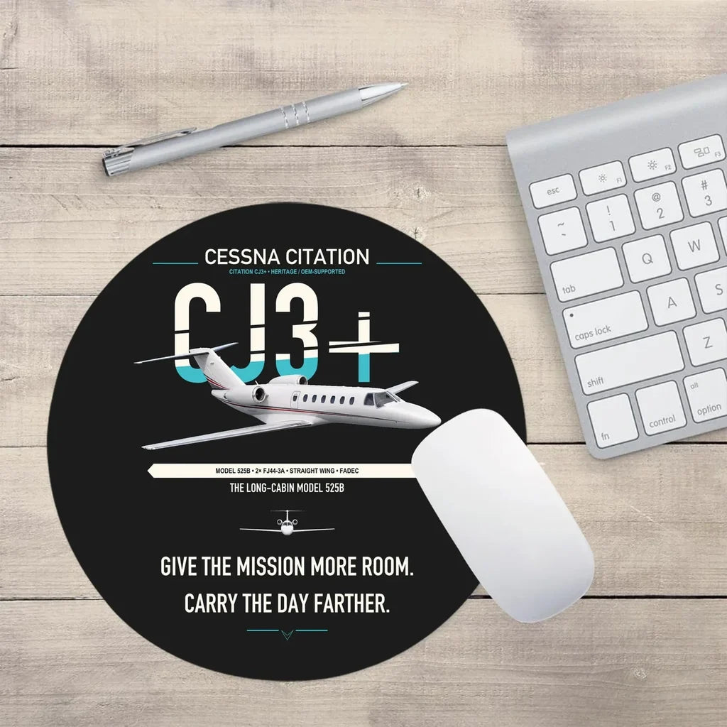 Cessna Citation CJ3+ design on black round mouse pad