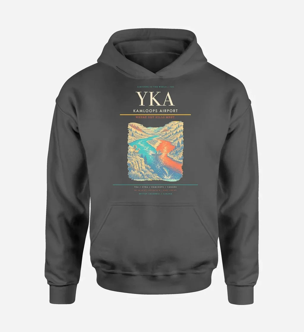 Kamloops Airport (YKA) design on dark gray hoodie single-side print