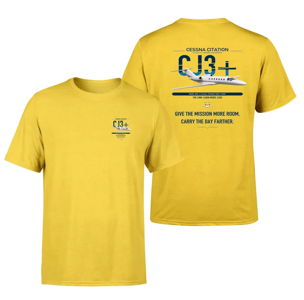 Cessna Citation CJ3+ design on yellow double-side t-shirt, double-side print