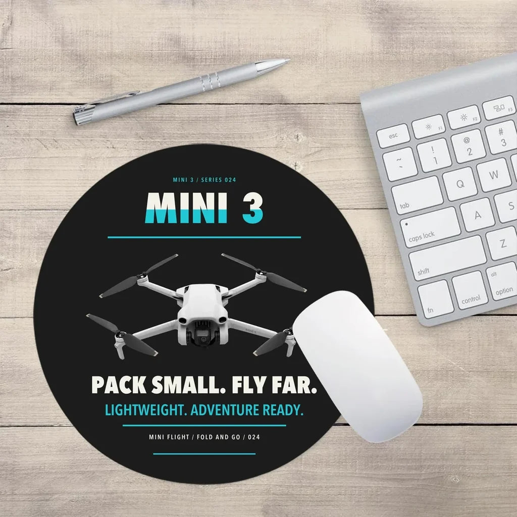 DJI Mini 3 design on black round mouse pad