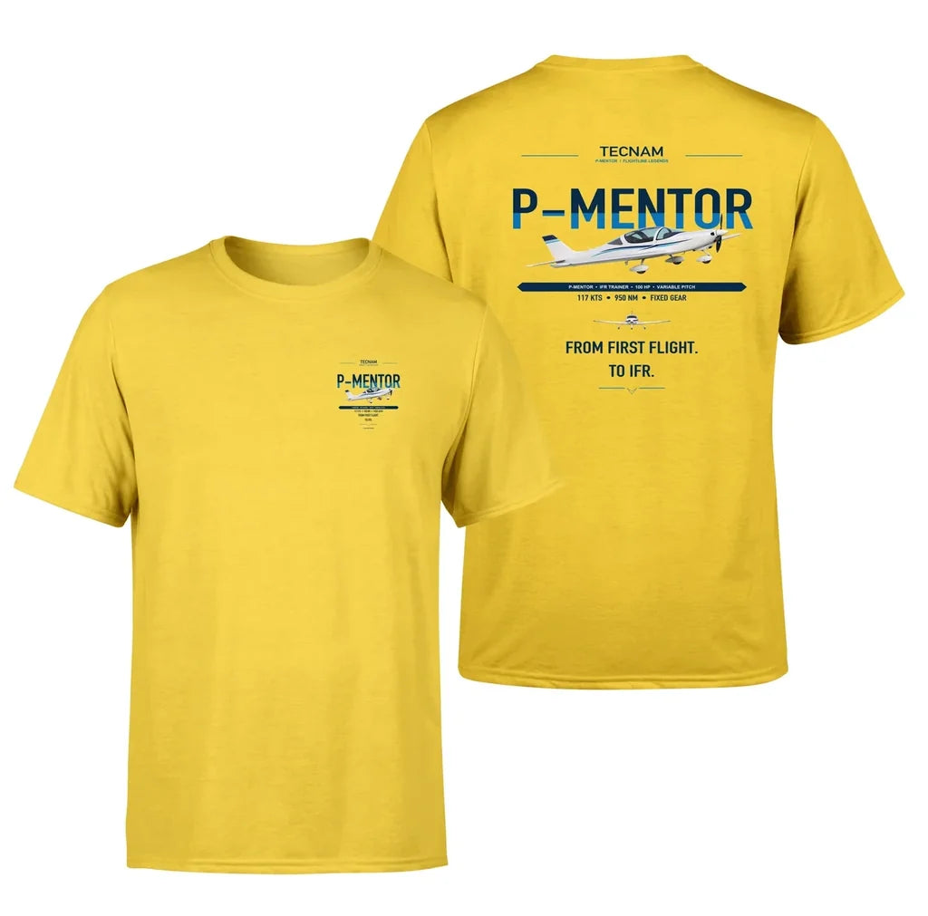 Tecnam P-Mentor design on yellow t-shirt, double-side print