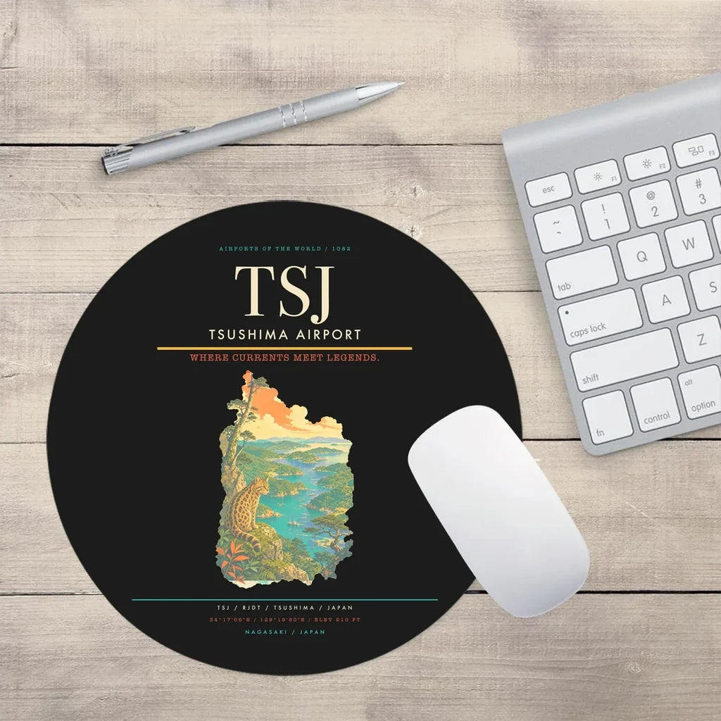 Tsushima Airport (TSJ) design on black round mouse pad