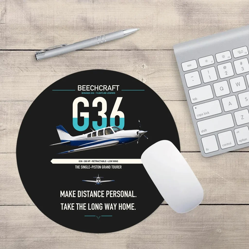Beechcraft Bonanza G36 design on black round mouse pad