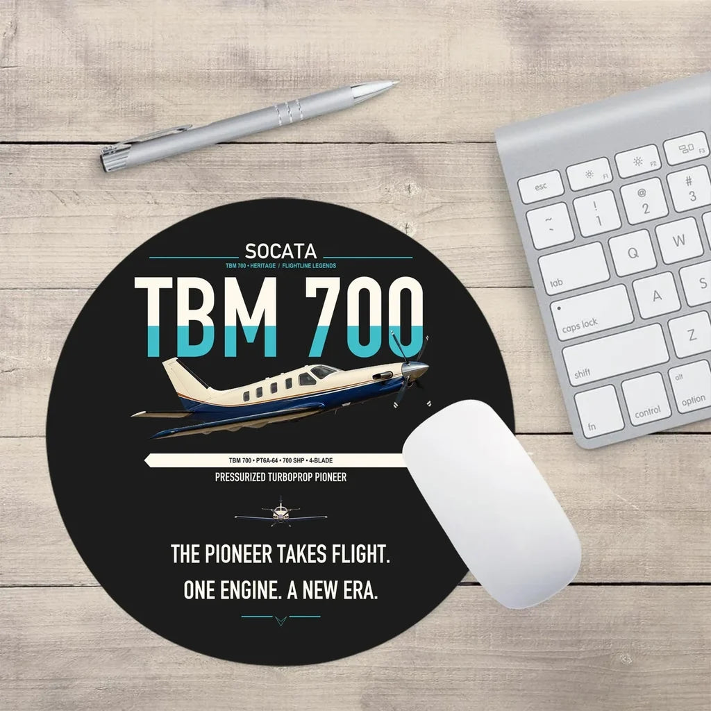 Socata TBM 700 design on black round mouse pad