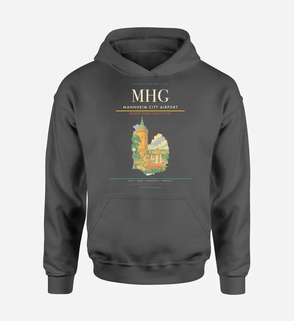 Mannheim City Airport (MHG) design on dark gray hoodie single-side print