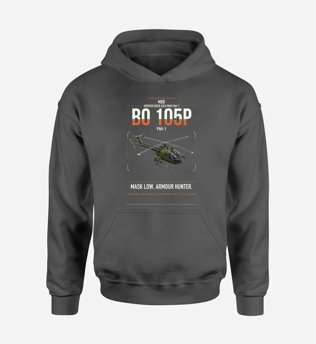 MBB BO 105P PAH-1 design on dark gray double-side hoodie, single-side print