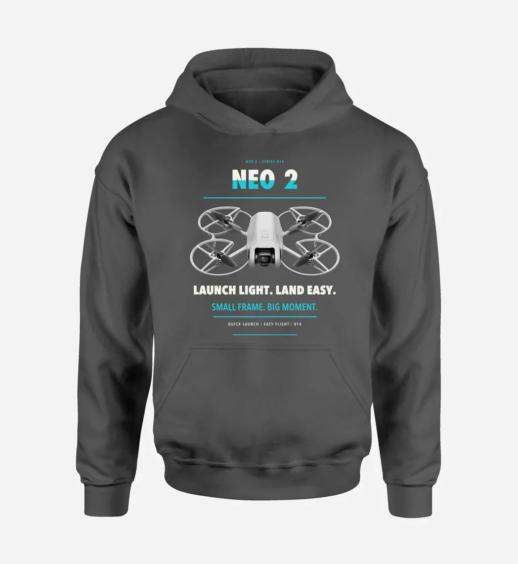 DJI Neo 2 design on dark gray hoodie single side
