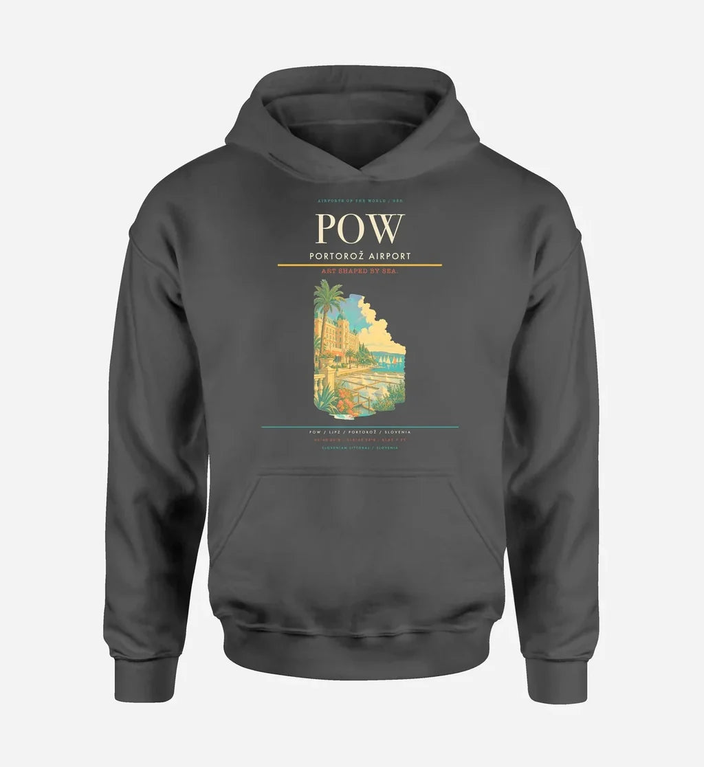 Portorož Airport (POW) design on dark gray hoodie single-side print