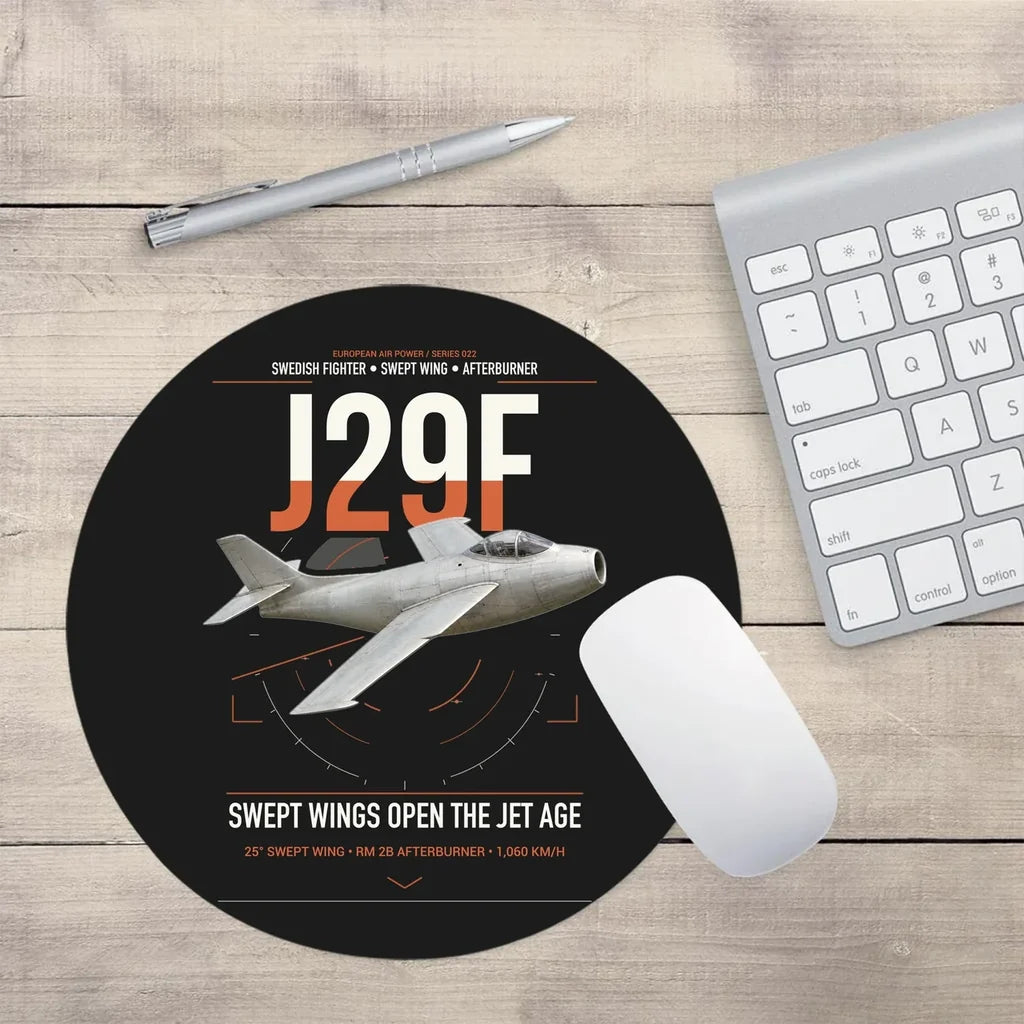 Saab J 29F Tunnan design on black round mouse pad
