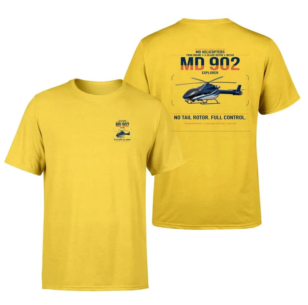MD Helicopters MD 902 Explorer design on yellow t-shirt, double-side print