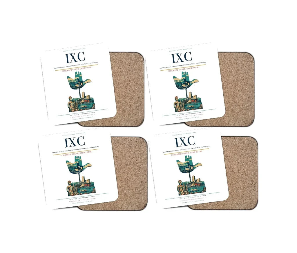 Shaheed Bhagat Singh International Airport (IXC) design on white 4 pieces set coaster