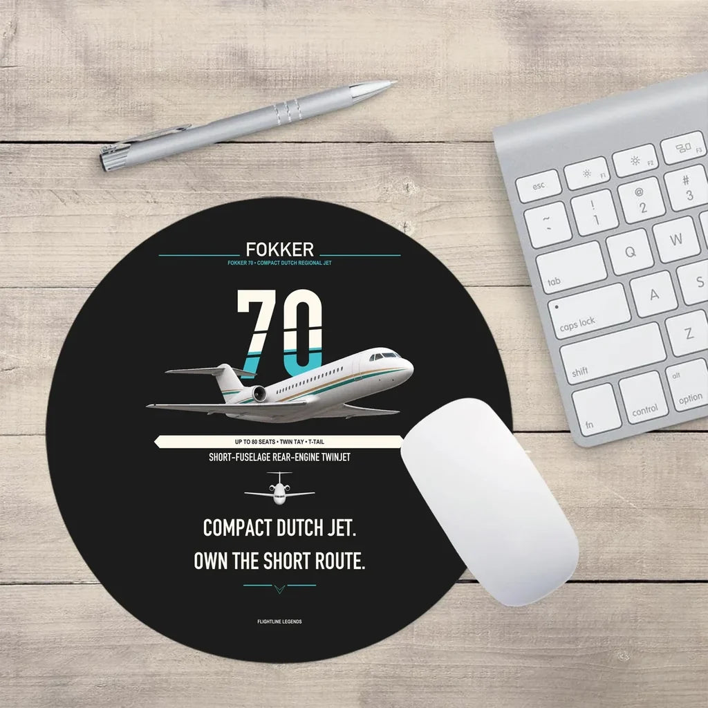 Fokker 70 design on black round mouse pad