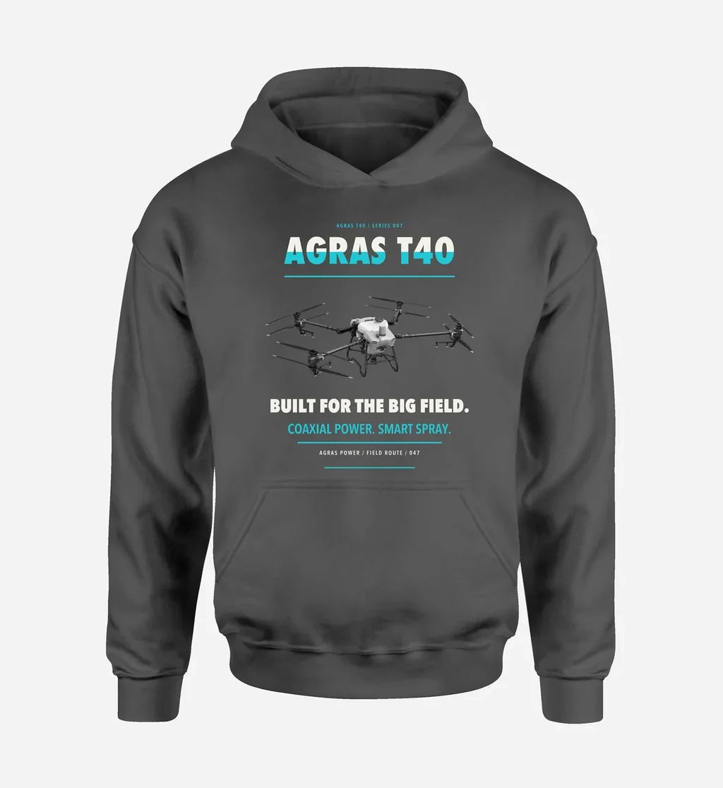 DJI Agras T40 design on dark gray hoodie single side