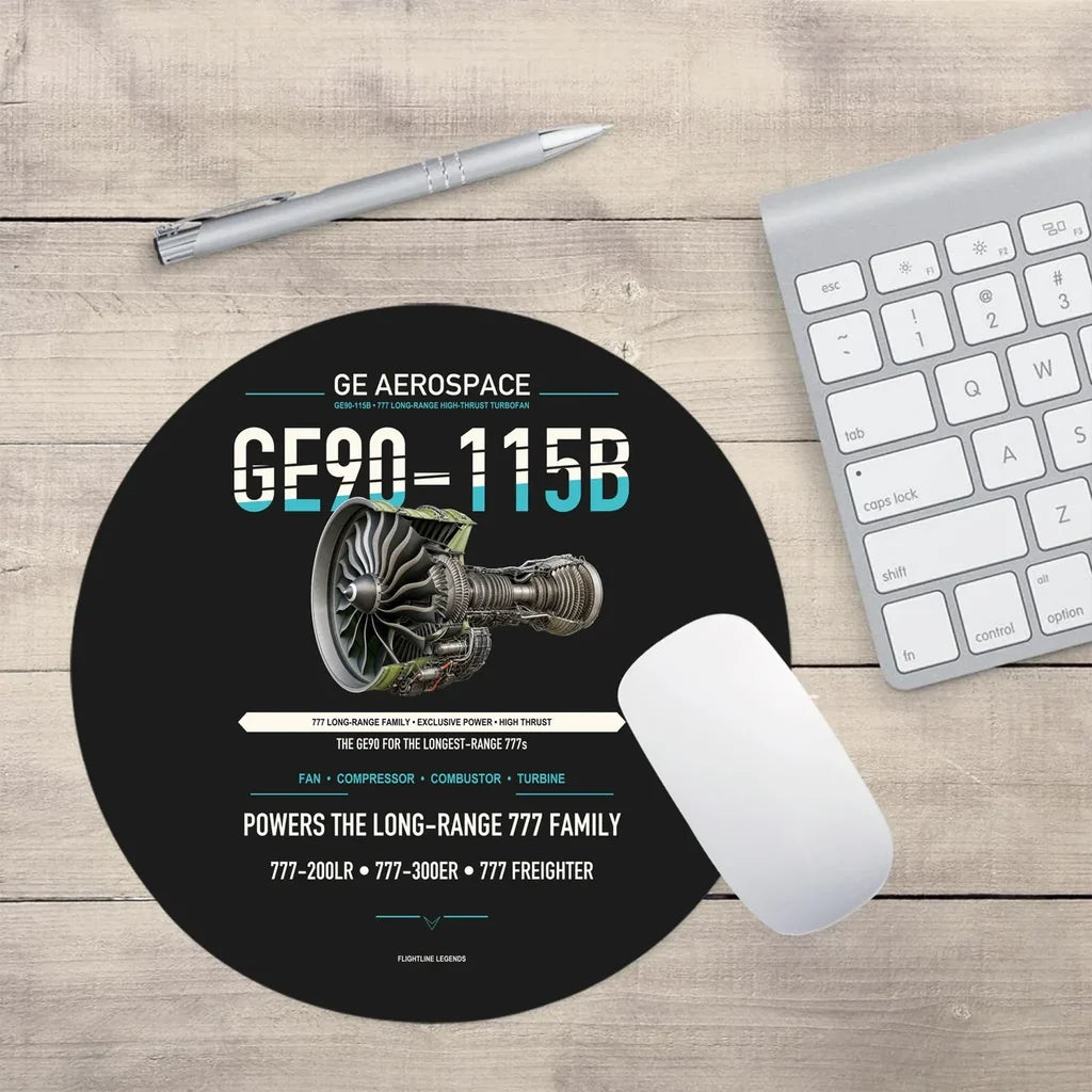 GE90-115B design on black round mouse pad