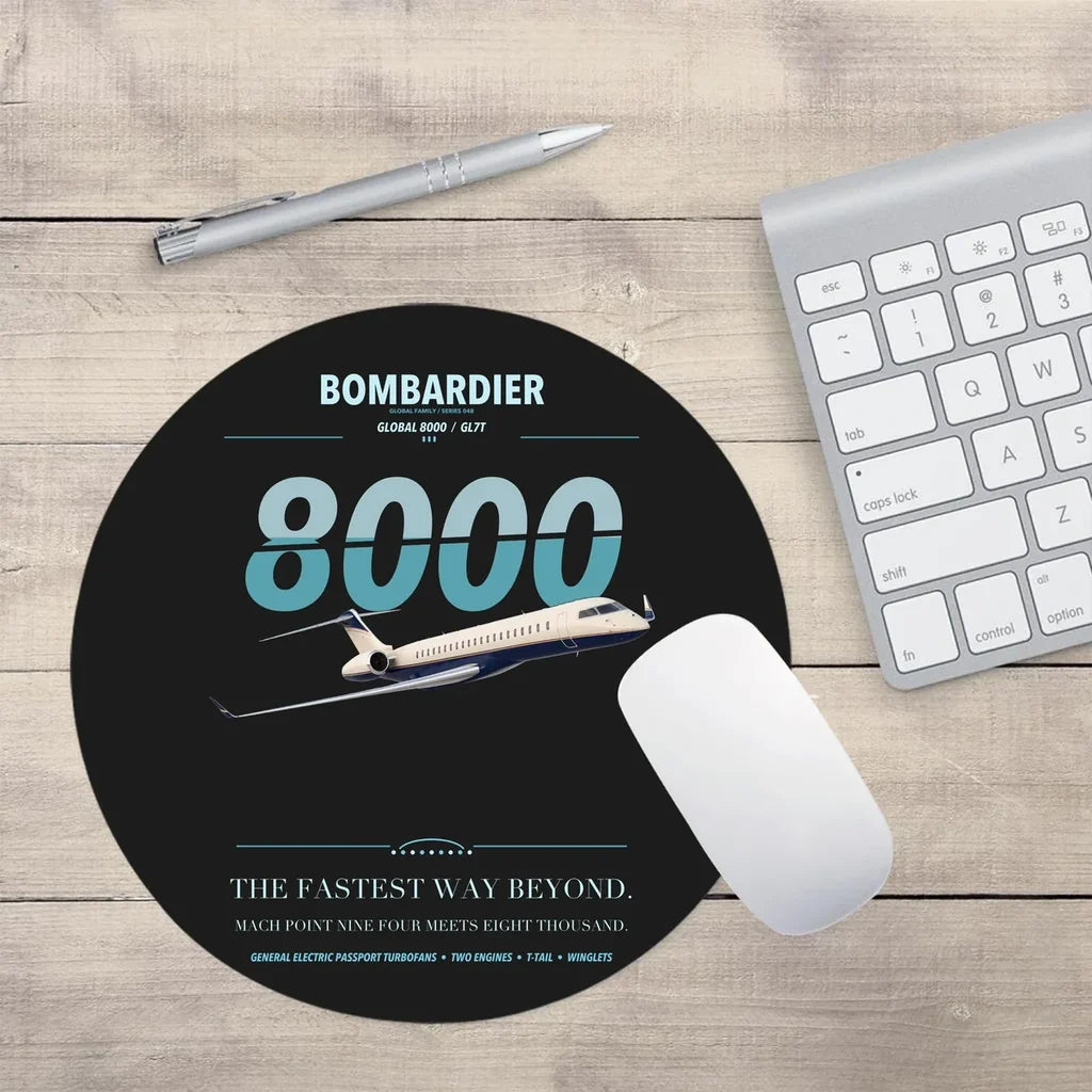 Bombardier Global 8000 design on black round mouse pad