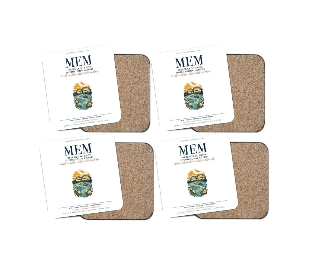 Frederick W. Smith International Airport Memphis (MEM) design on white 4 pieces set coaster