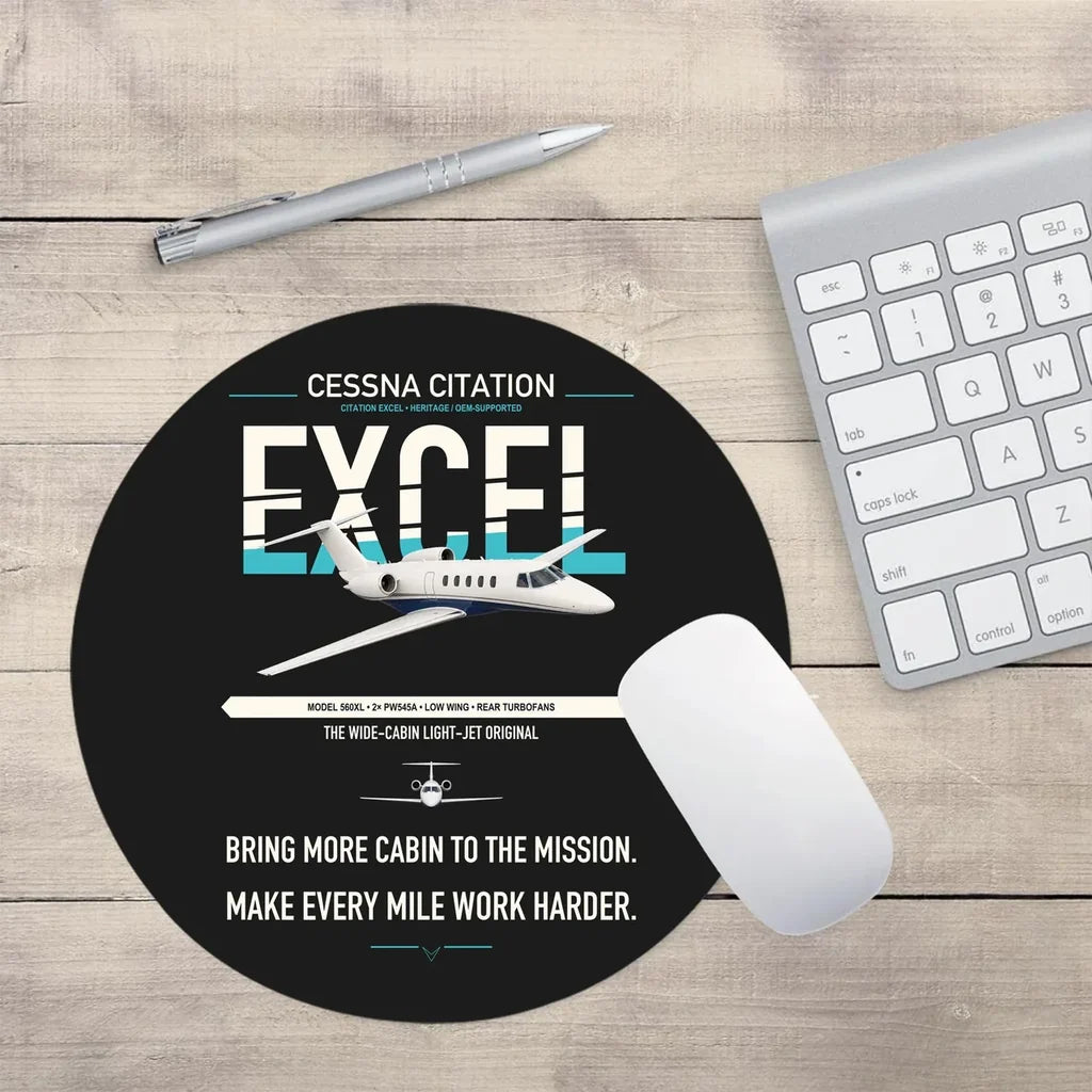 Cessna Citation Excel design on black round mouse pad