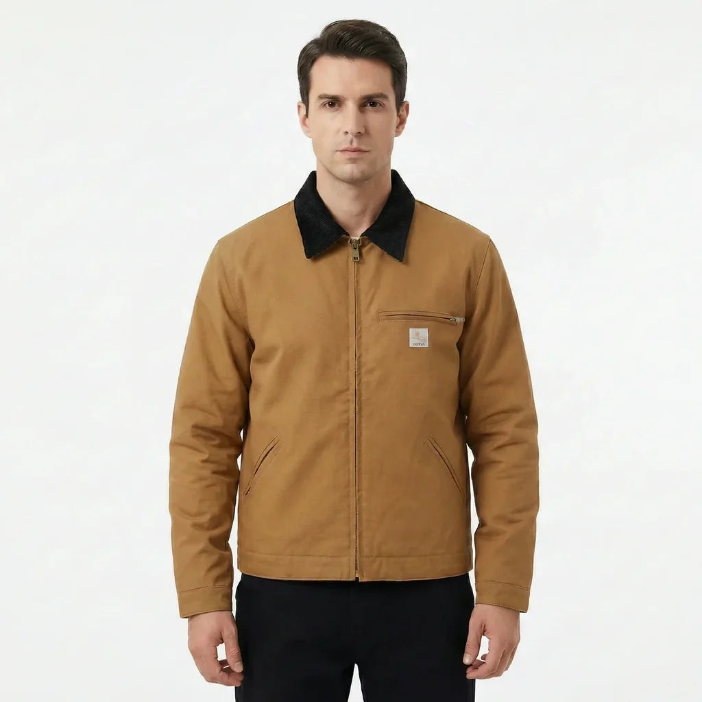 Thick Style Workwear Canvas Michigan Detroit aviation design printed on padded shell with classic pilot styling pilot jacket.