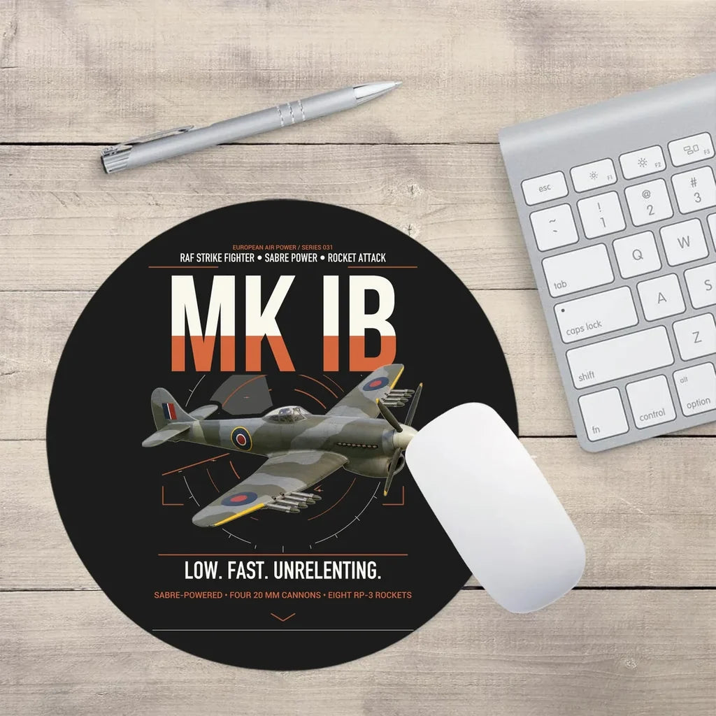 Hawker Typhoon Mk IB design on black round mouse pad