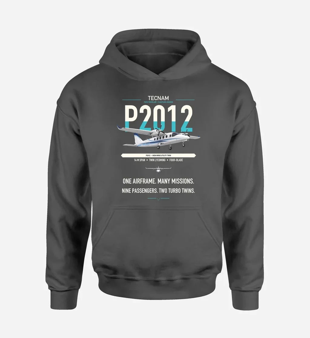 Tecnam P2012 Traveller design on dark gray double-side hoodie, single-side print