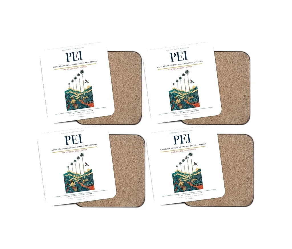 Matecaña International Airport (PEI) design on white 4 pieces set coaster