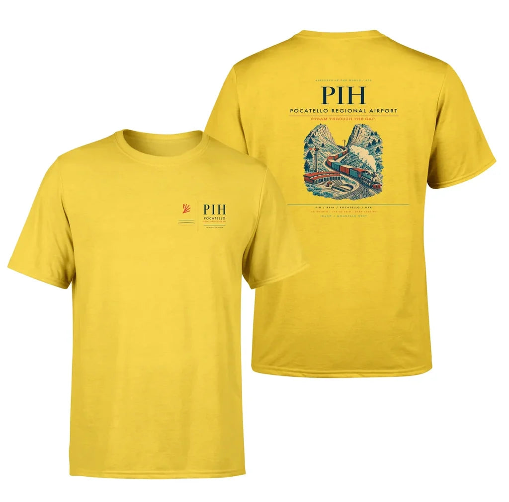 Pocatello Regional Airport (PIH) design printed on yellow double-side t-shirt
