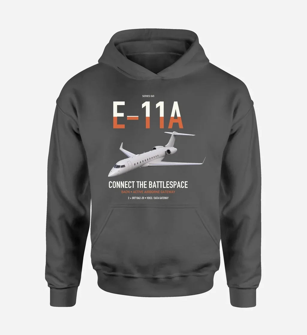 E-11A BACN design on dark gray double-side hoodie, single-side print
