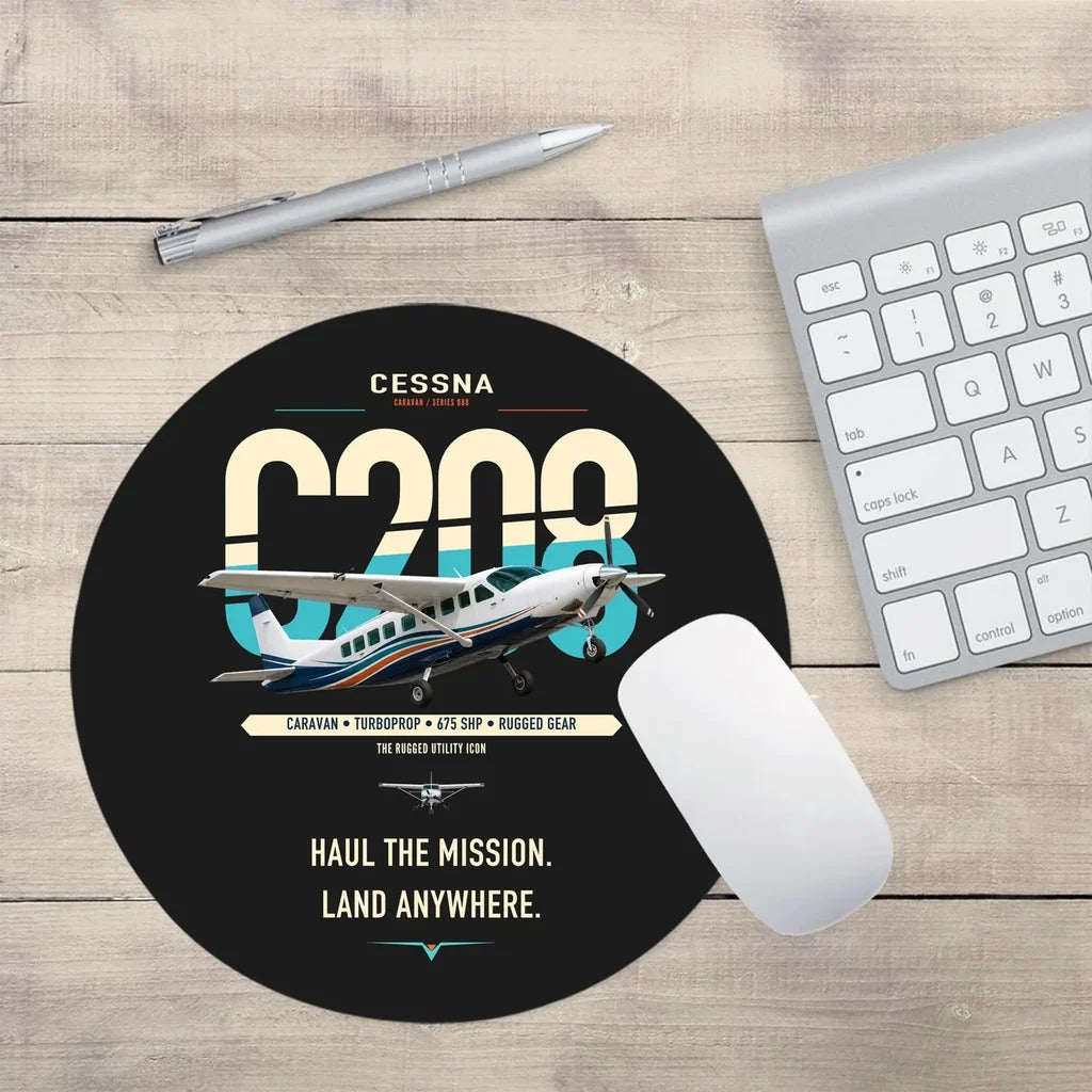 Cessna 208 Caravan design on black round mouse pad