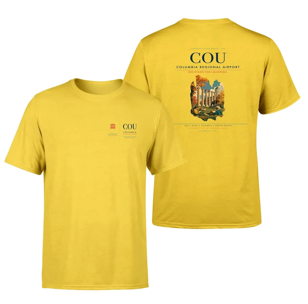 Columbia Regional Airport (COU) design printed on yellow double-side t-shirt