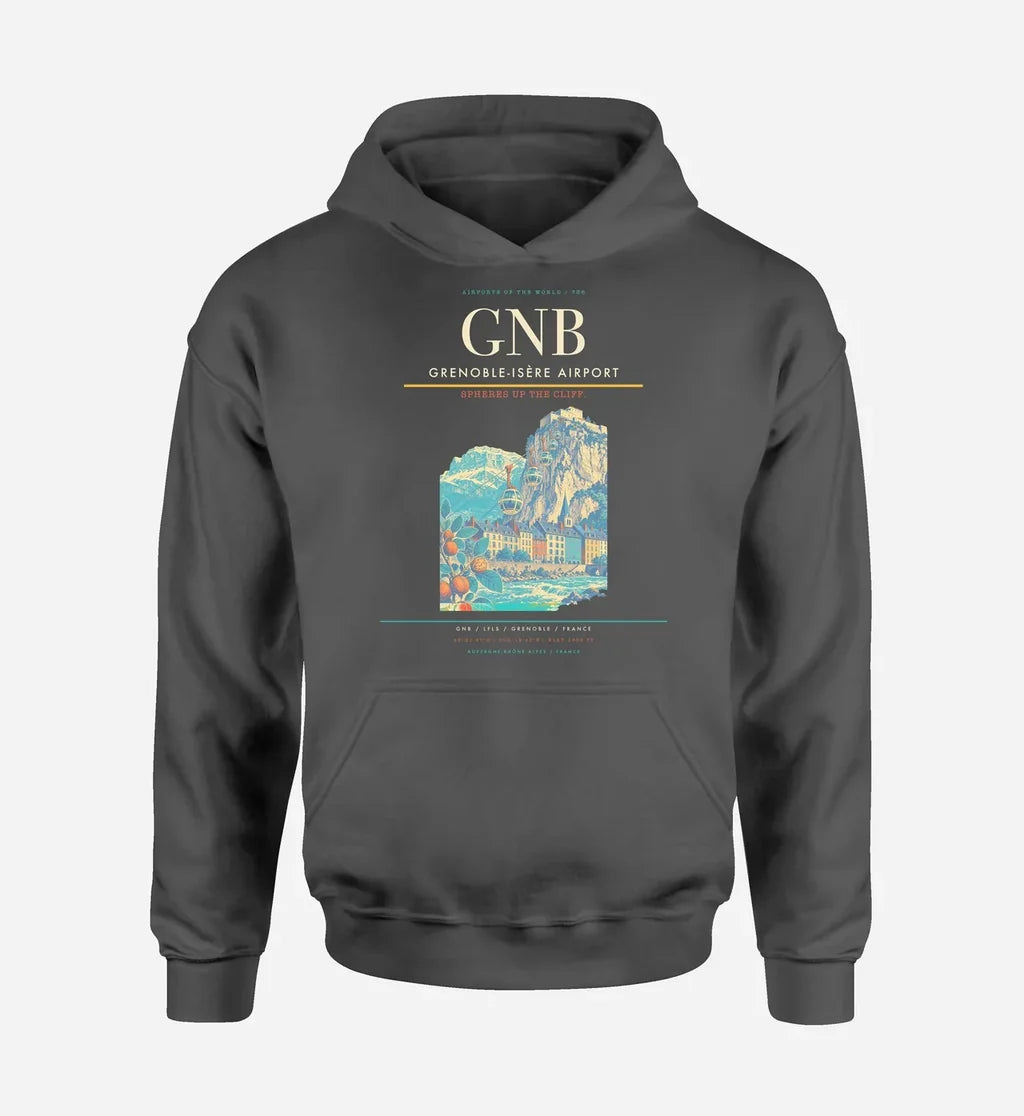 Grenoble-Isère Airport (GNB) design on dark gray hoodie single-side print