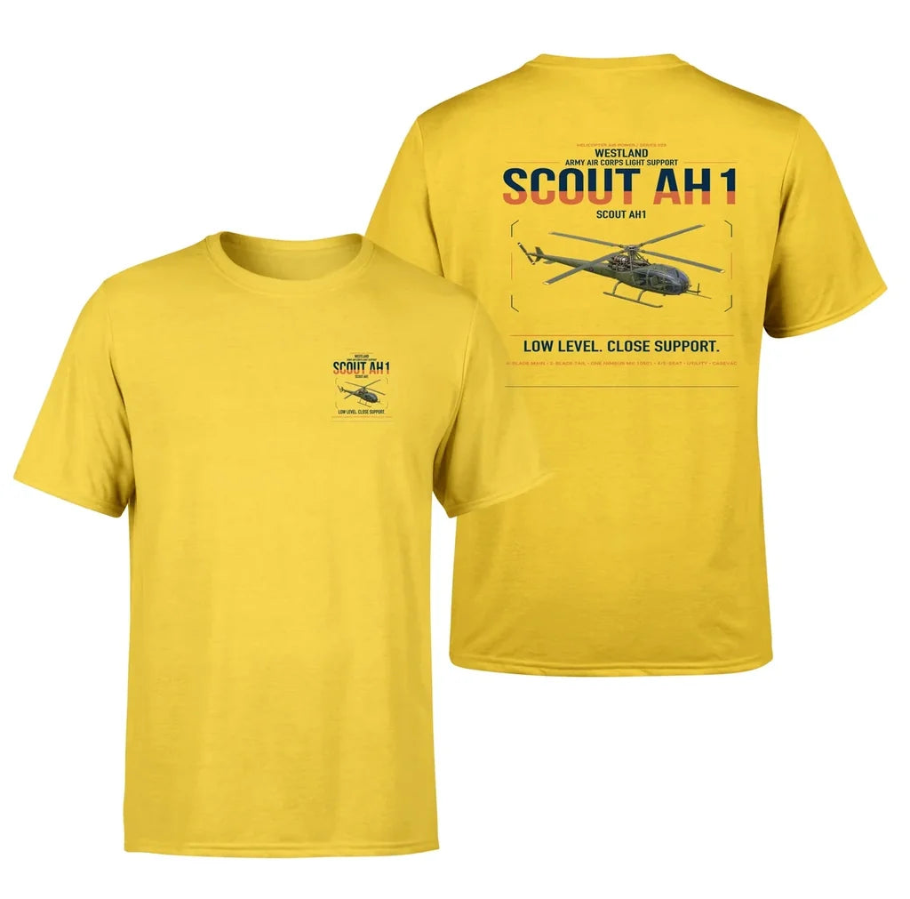 Westland Scout AH1 design on yellow t-shirt, double-side print