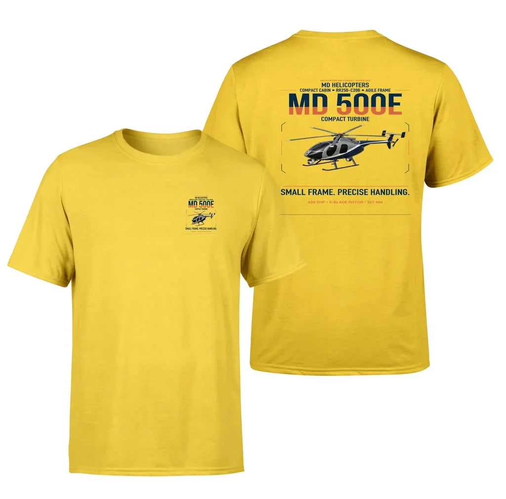 MD Helicopters MD 500E design on yellow t-shirt, double-side print