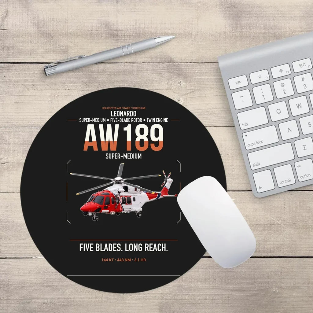 Leonardo AW189 design on black round mouse pad