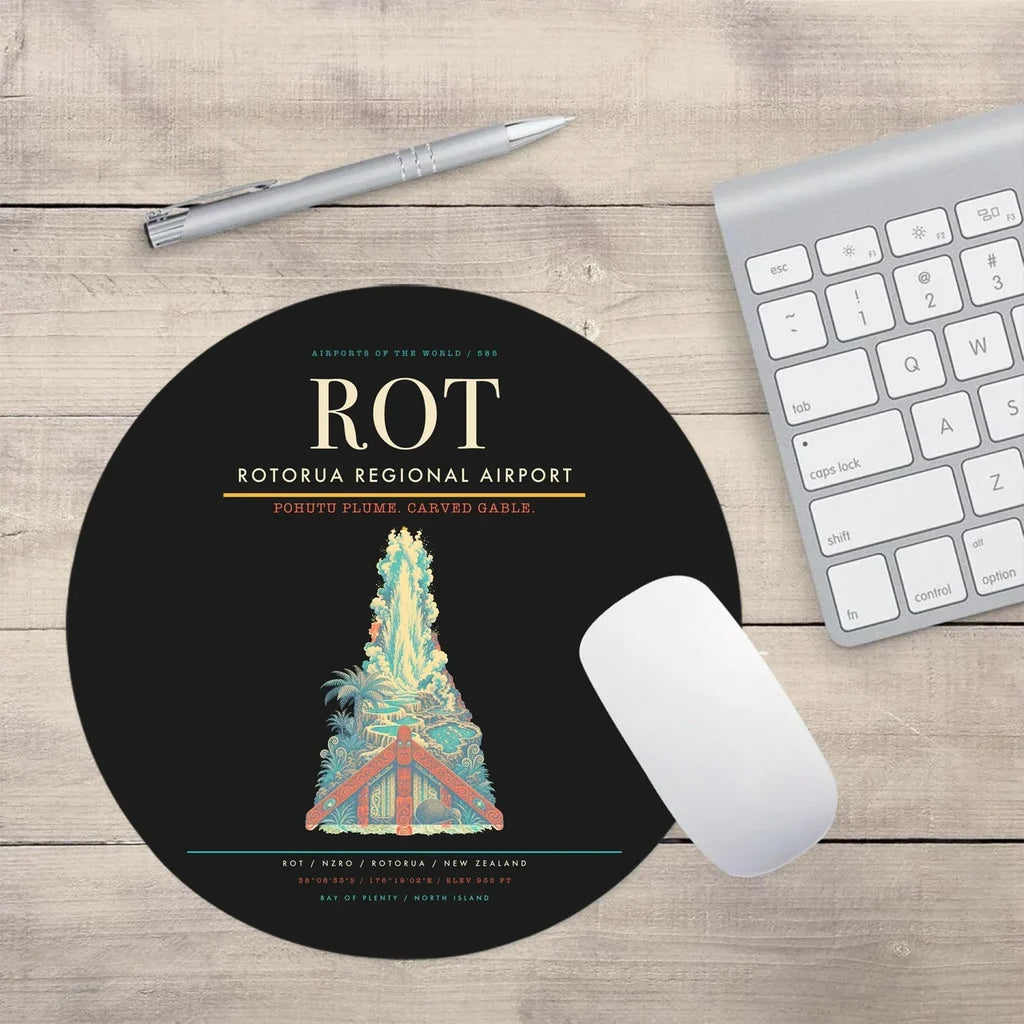 Rotorua Regional Airport (ROT) design on black round mouse pad