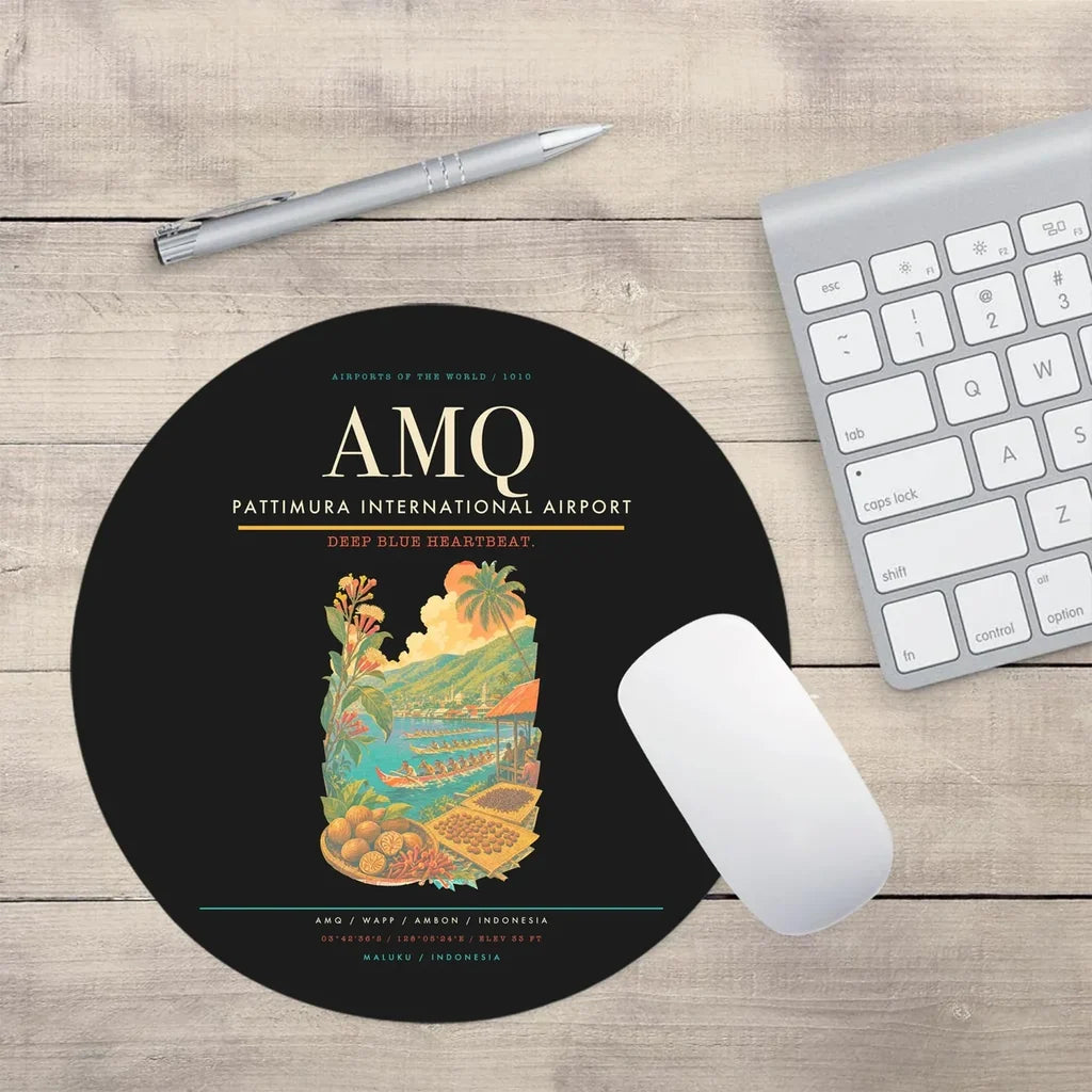 Pattimura International Airport (AMQ) design on black round mouse pad