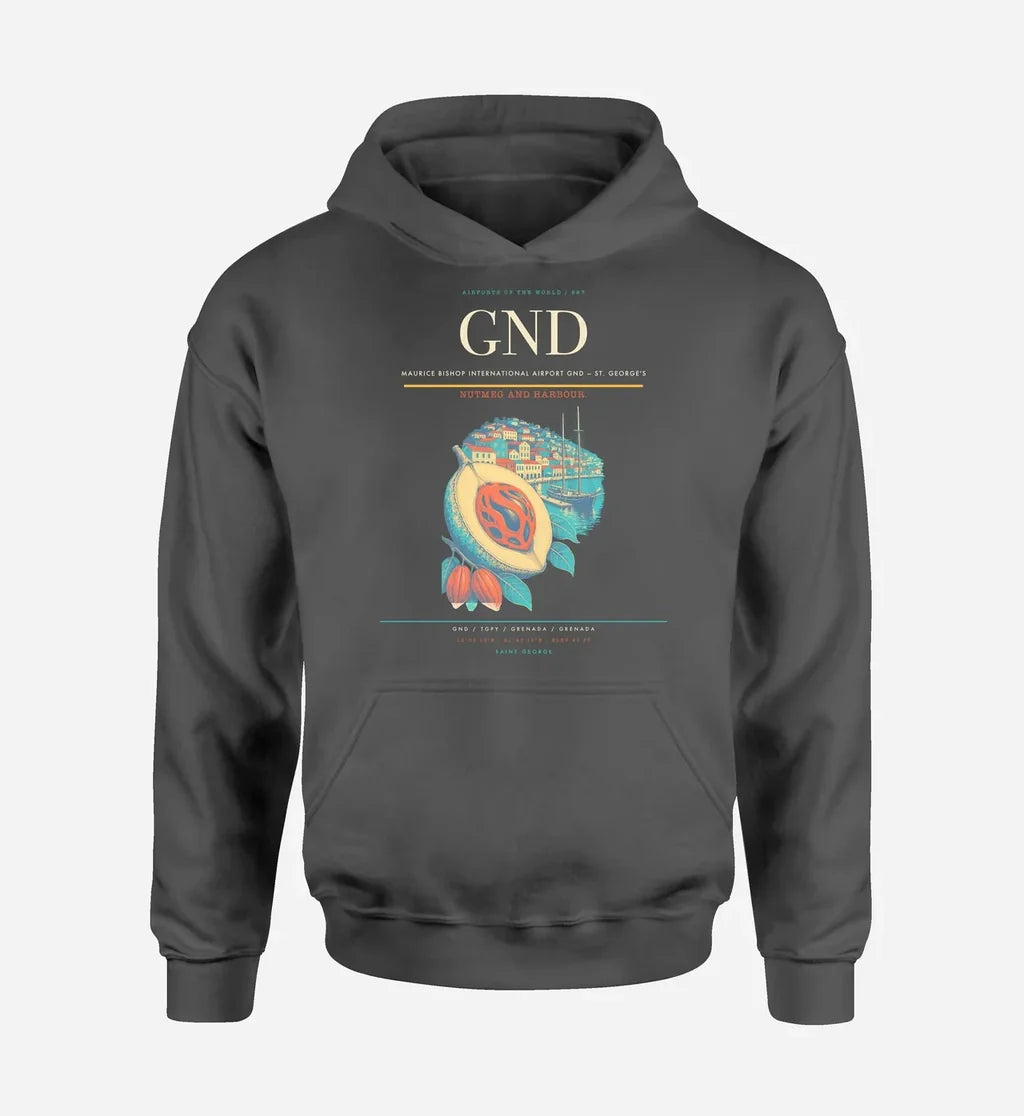 Maurice Bishop International Airport (GND) design on dark gray hoodie single-side print