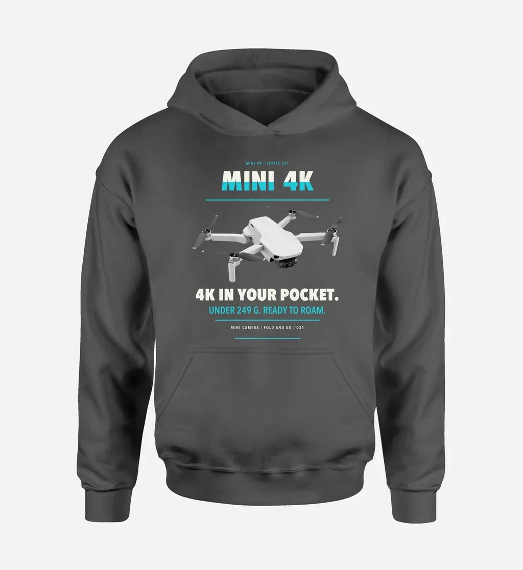 DJI Mini 4K design on dark gray hoodie single side