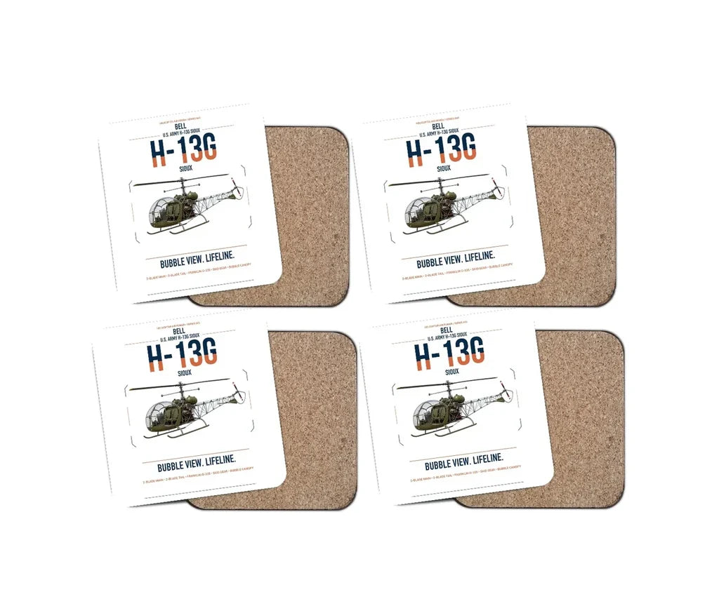 Bell H-13G Sioux design on white 4 pieces set coaster