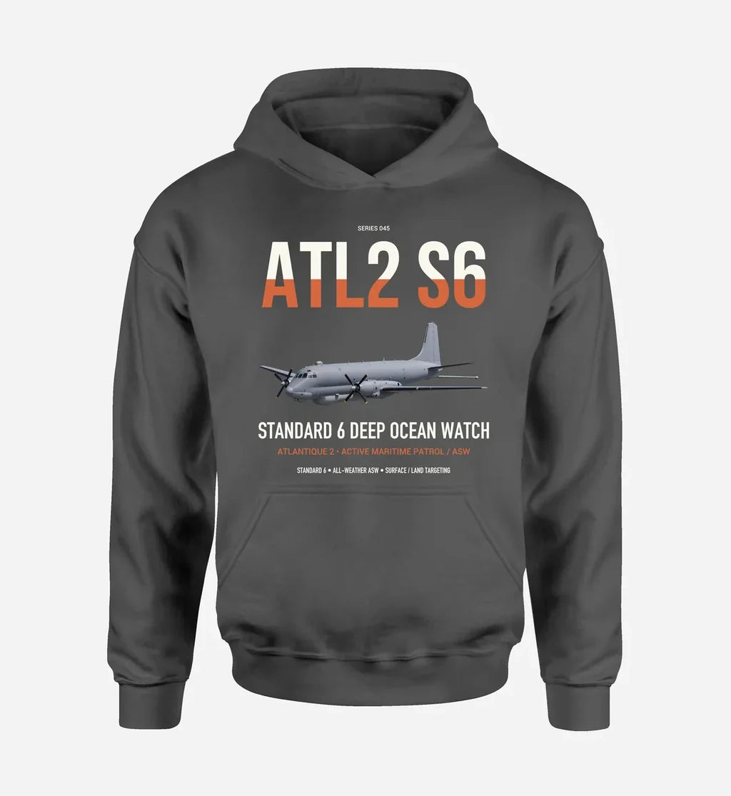 Atlantique 2 Standard 6 design on dark gray double-side hoodie, single-side print