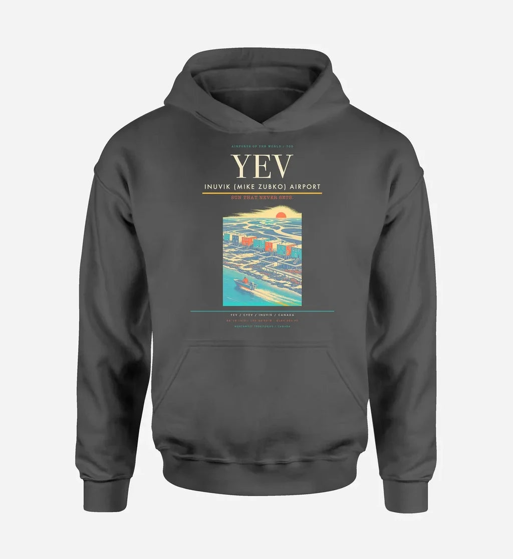 Inuvik (Mike Zubko) Airport (YEV) design on dark gray hoodie single-side print