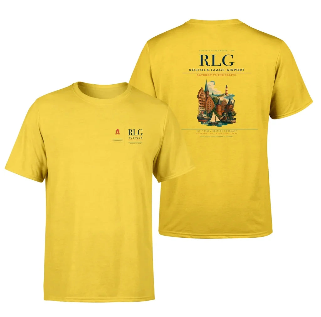 Rostock-Laage Airport (RLG) design printed on yellow double-side t-shirt