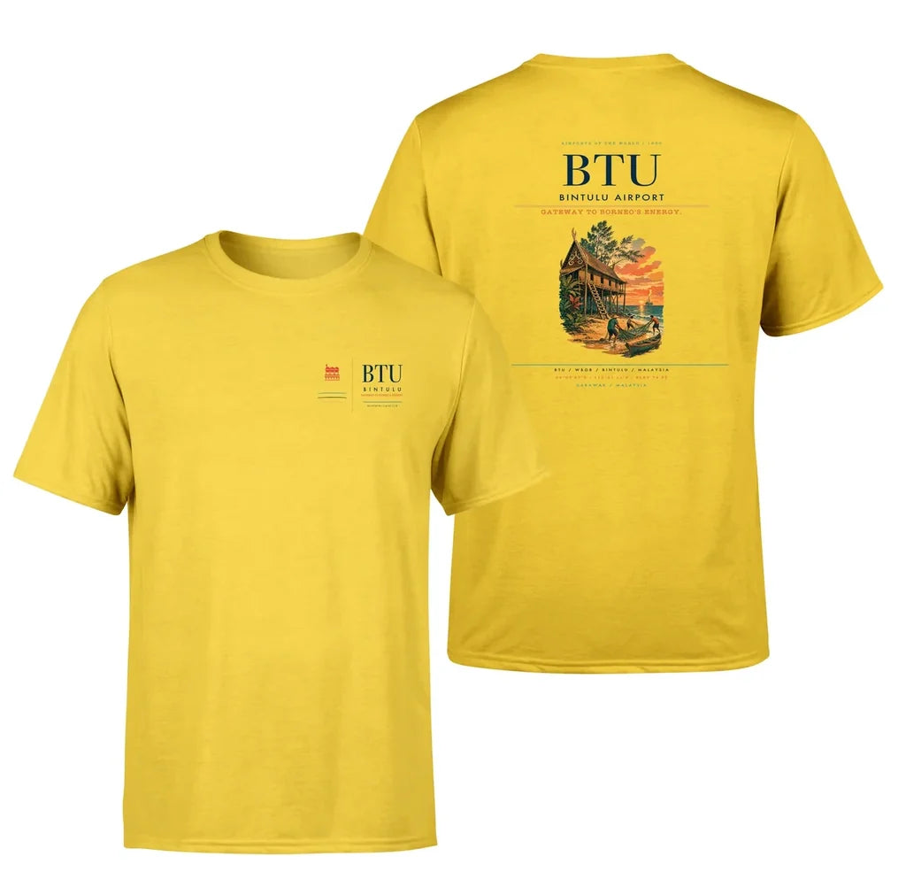 Bintulu Airport (BTU) design printed on yellow double-side t-shirt
