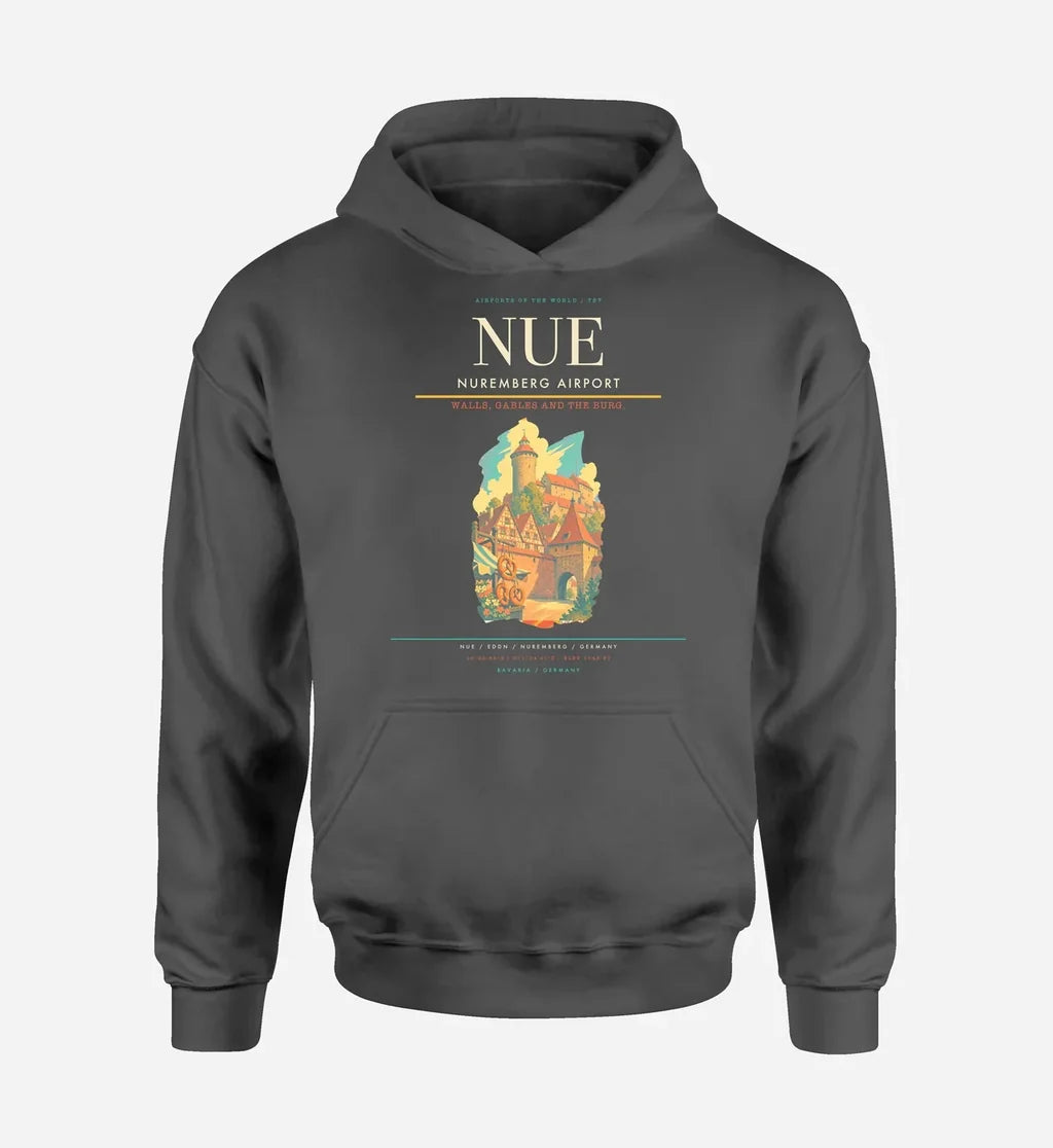 Nuremberg Airport (NUE) design on dark gray hoodie single-side print