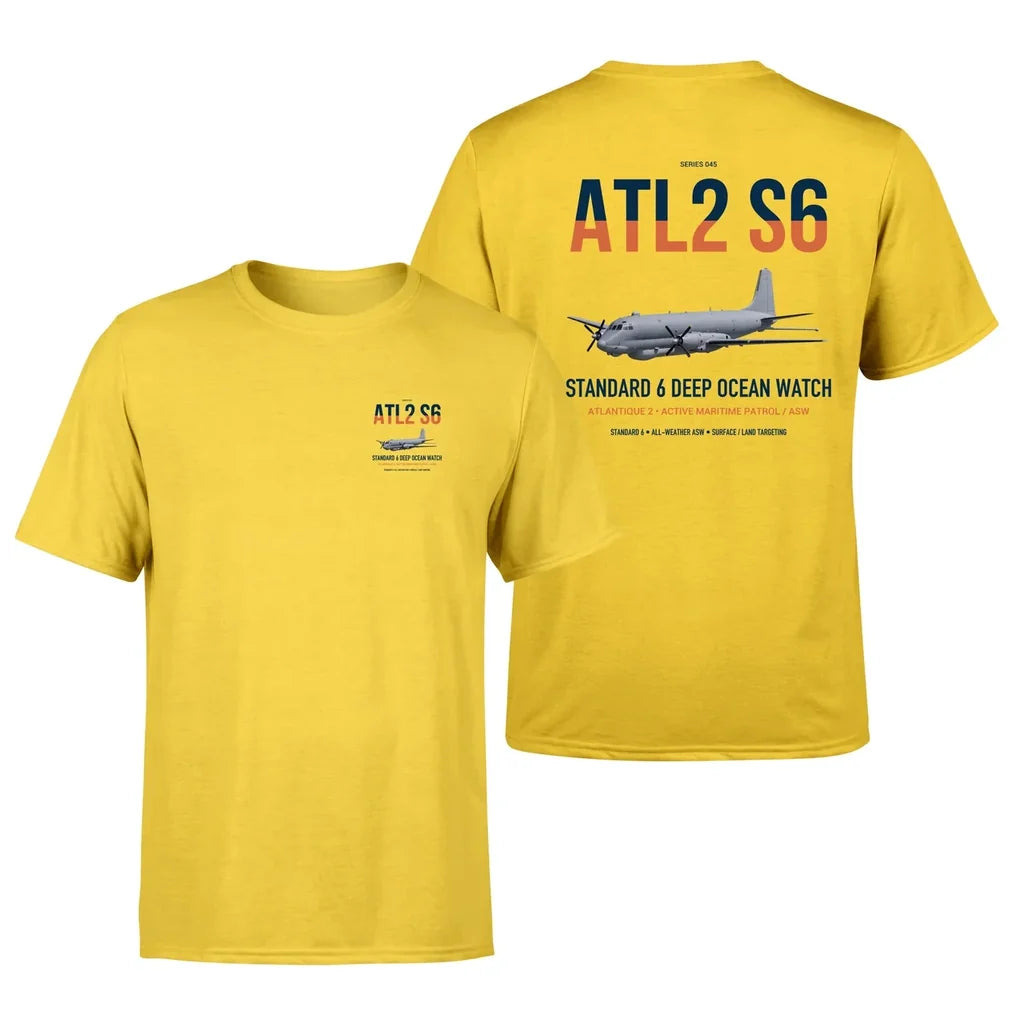 Atlantique 2 Standard 6 design on yellow double-side t-shirt, double-side print