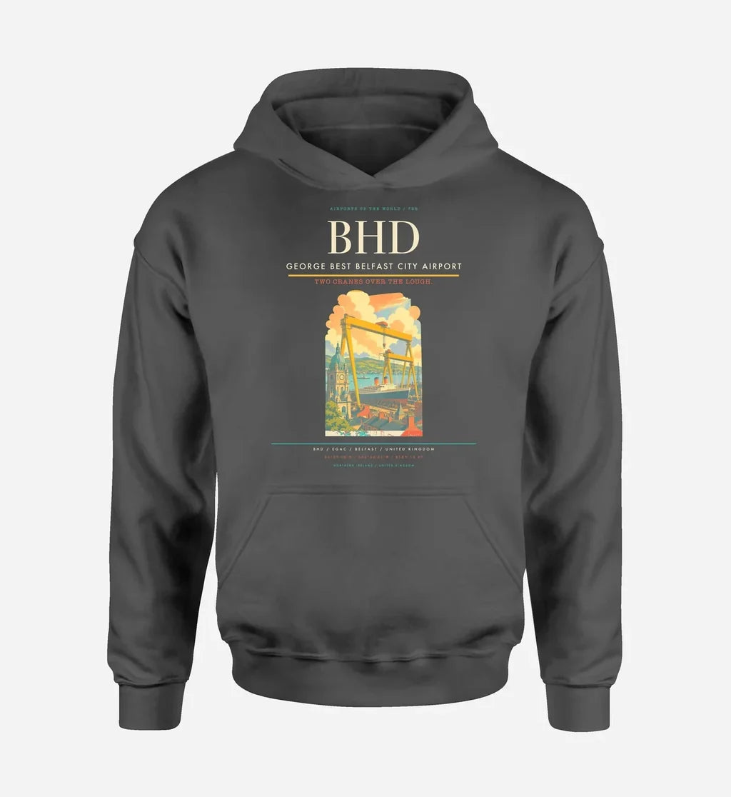 George Best Belfast City Airport (BHD) design on dark gray hoodie single-side print