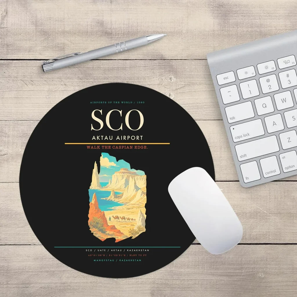 Aktau Airport (SCO) design on black round mouse pad